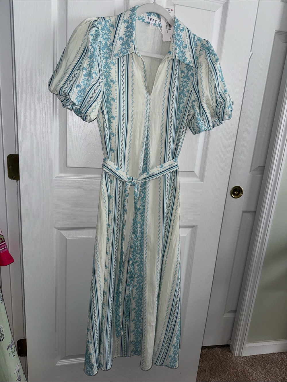 TCEC Cream and Teal Striped Maxi Dress with Puff Sleeves